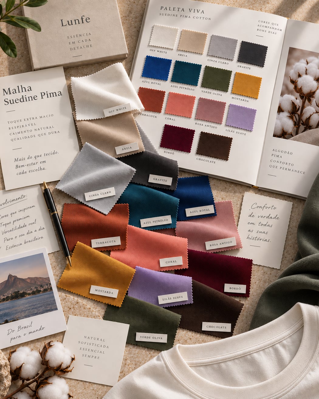 Moodboard da Malha Suedine Pima com a paleta de cores