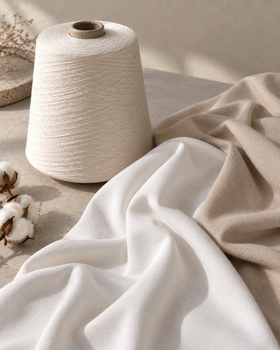 Cone de fio com malha branca e bege da Malha Cotton 40/1 Penteado