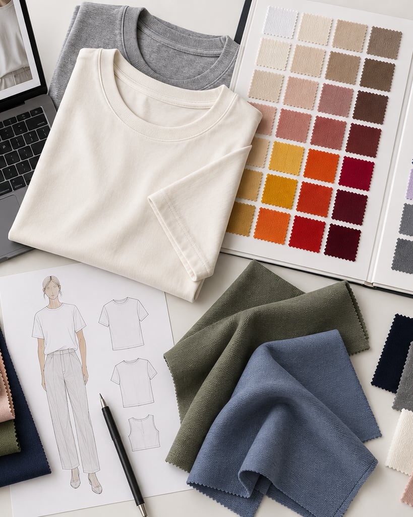 Bancada com notebook e catálogo de cores da Malha Pima Cotton