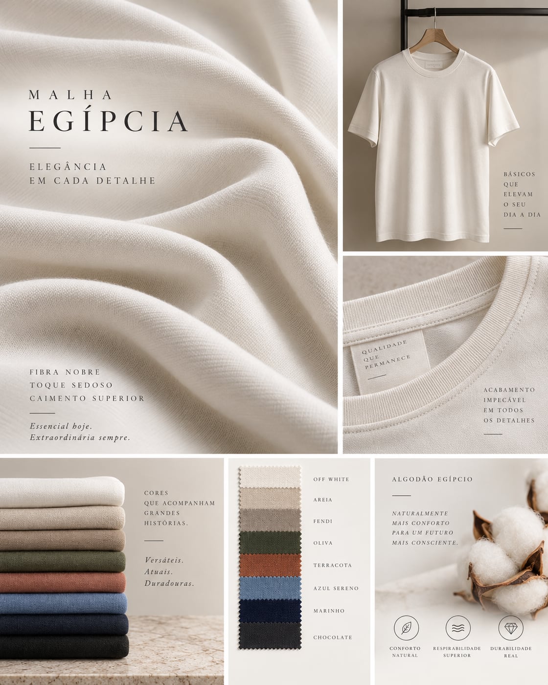 Painel com camiseta branca, gola e pilhas de cores em Malha Algodão Egípcio