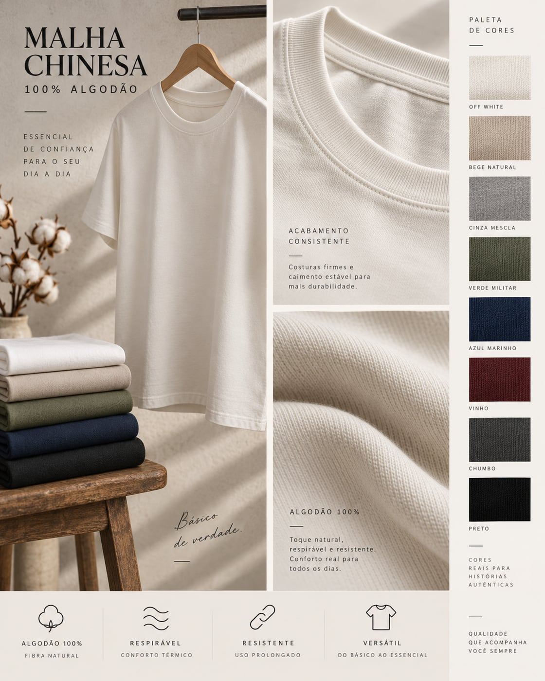 Painel 'Malha Chinesa 100% algodão' com camiseta, paleta, gola e textura