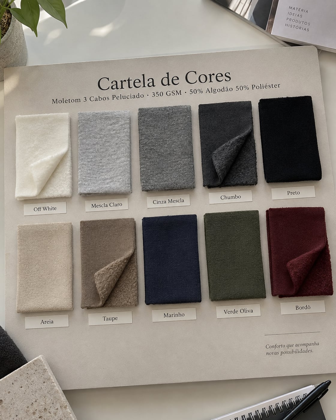 Cartela 'Moletom 3 Cabos Peluciado 350 GSM' com várias cores