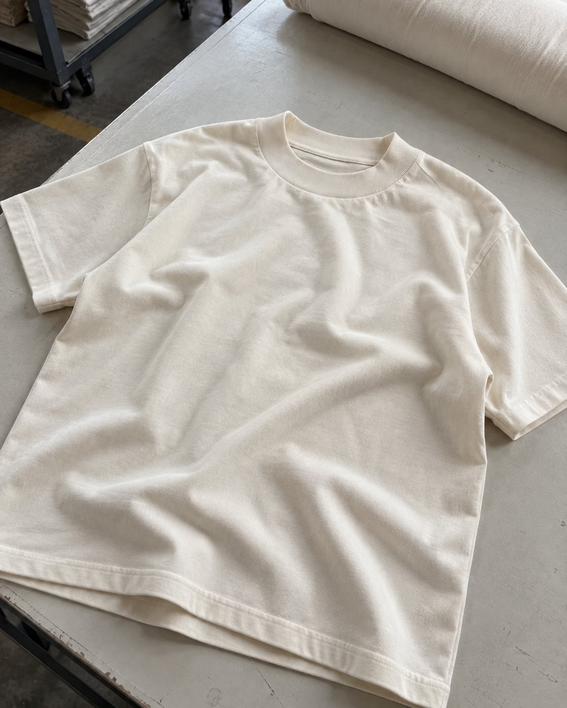 Camiseta off-white encorpada em Malhão 24/1 Penteado sobre a bancada