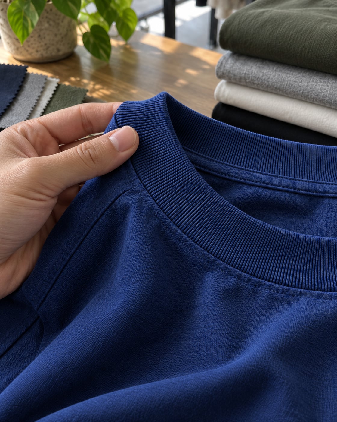 Mão na gola canelada de camiseta royal feita em Malhão 28/1 Penteado