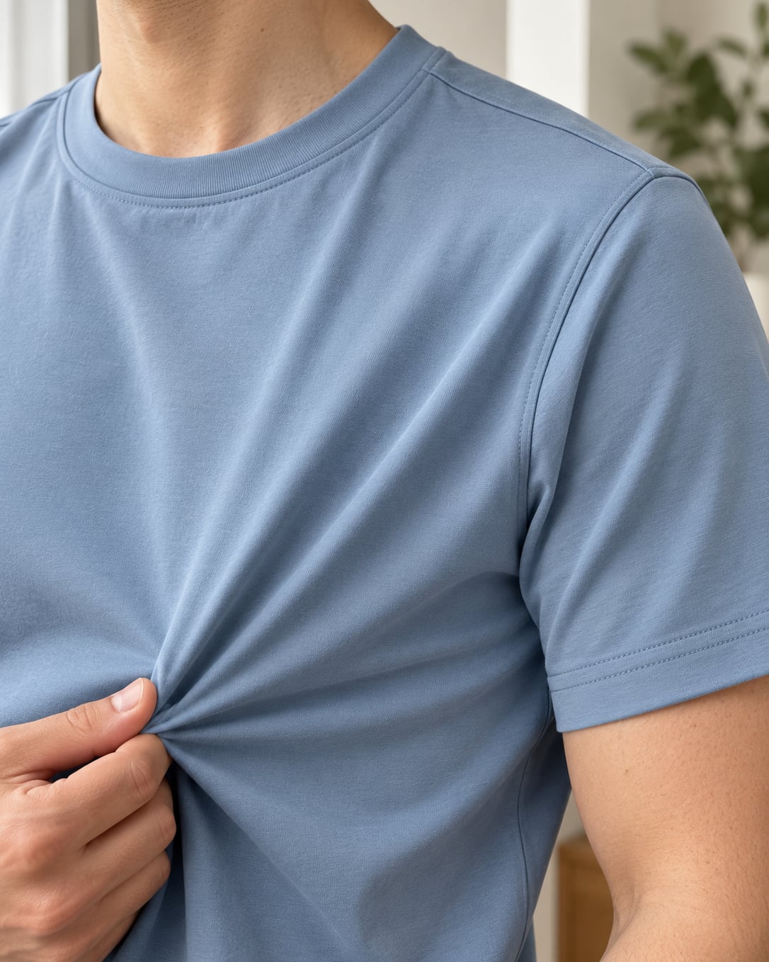Camiseta azul da Malha Modal Tech sendo esticada no peito
