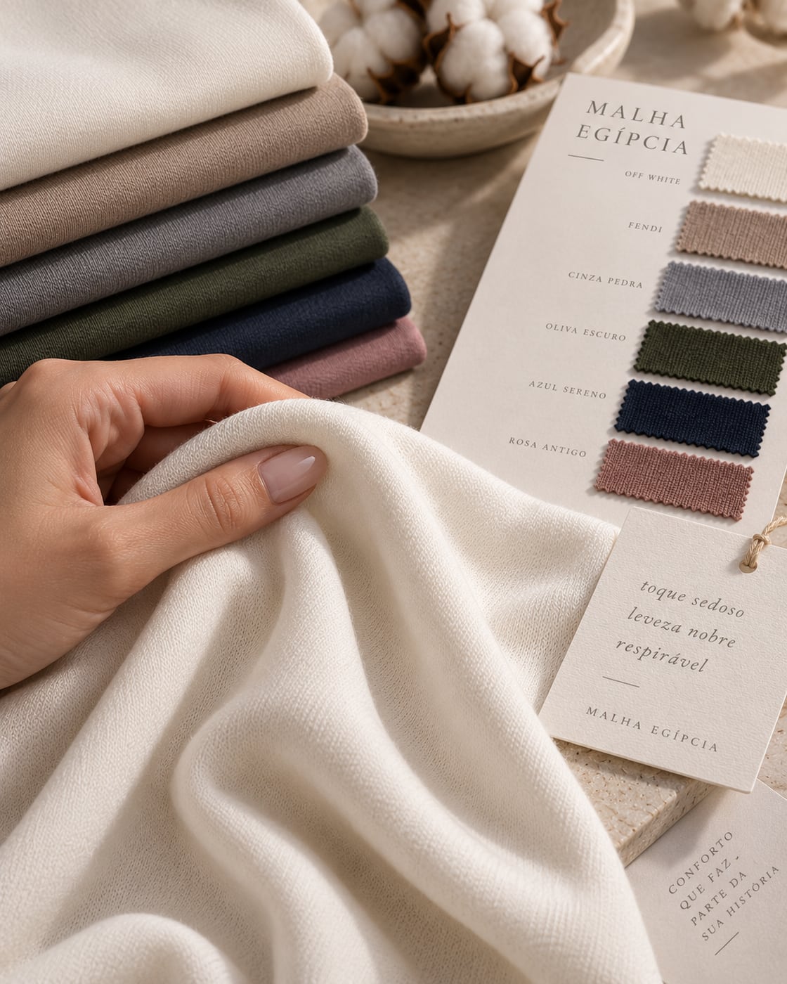 Mão sobre a Malha Algodão Egípcio off-white, com pilhas de cores e cartela ao lado