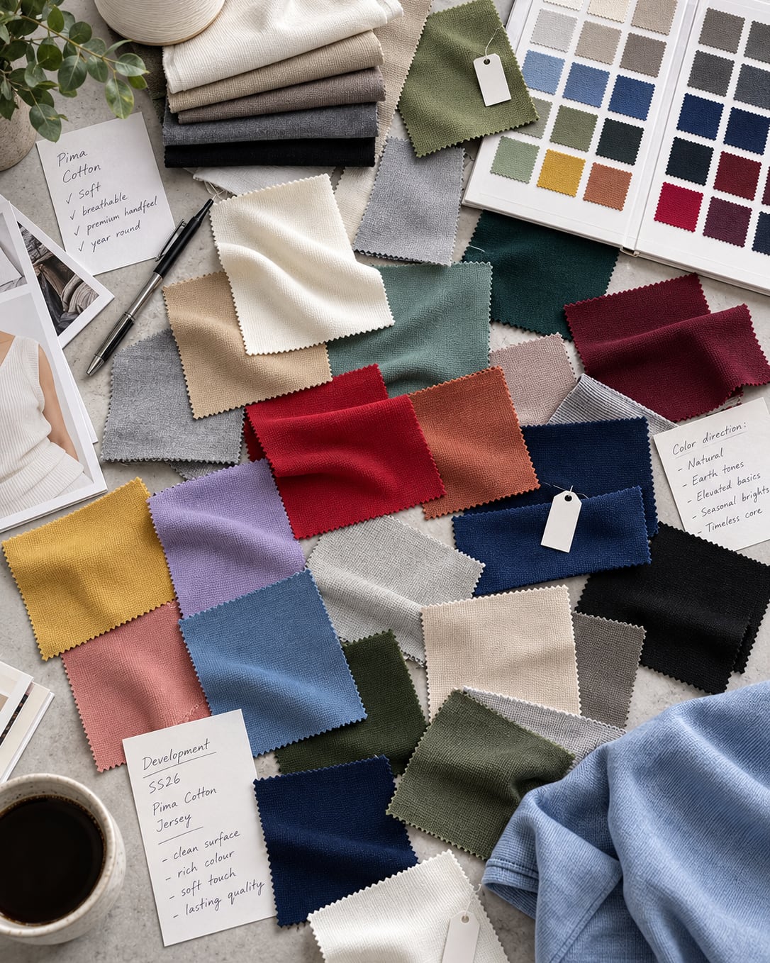 Retalhos de amostra coloridos com etiqueta de desenvolvimento da Malha Pima Cotton