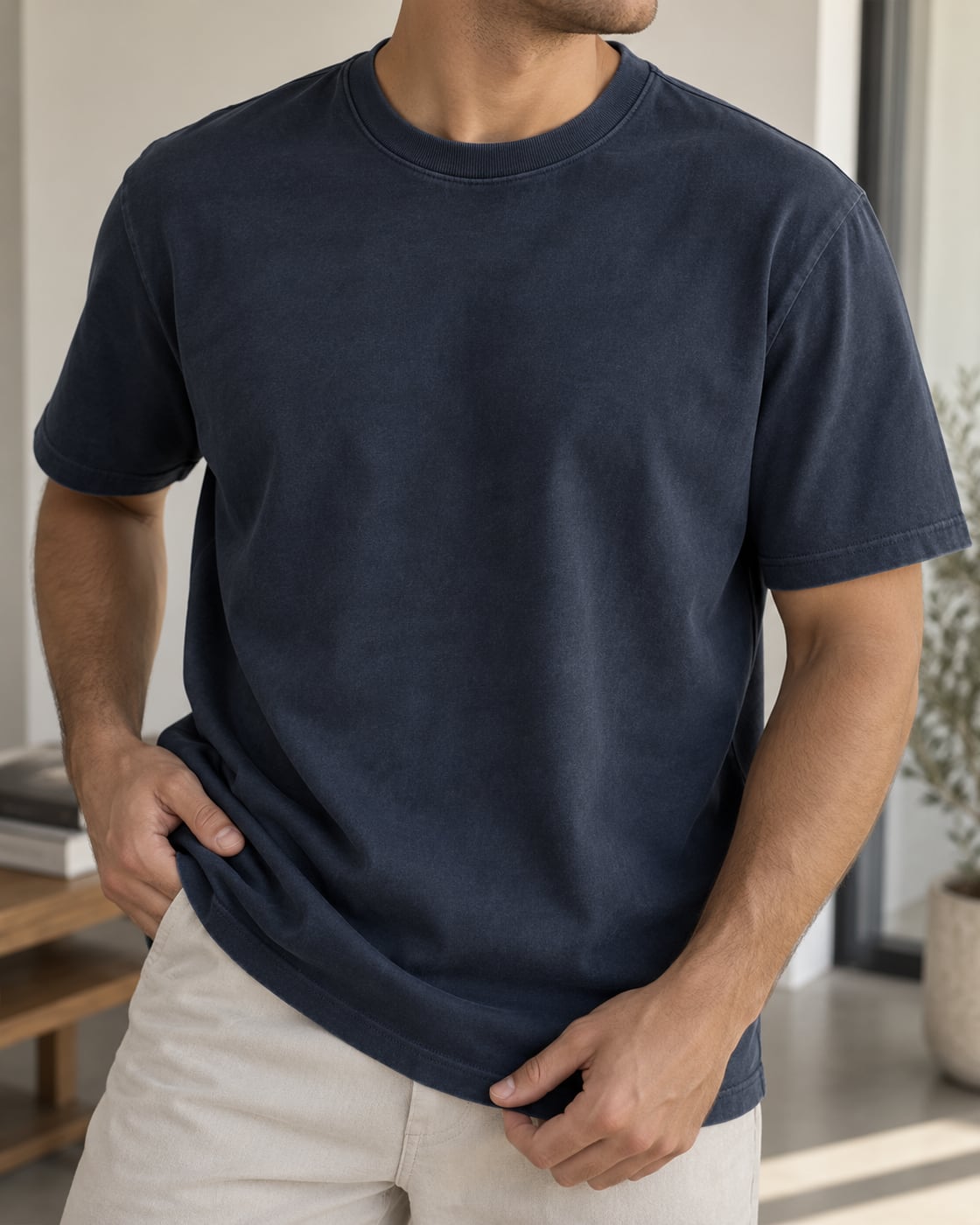 Homem vestindo camiseta marinho estonada feita em Malha Estonada