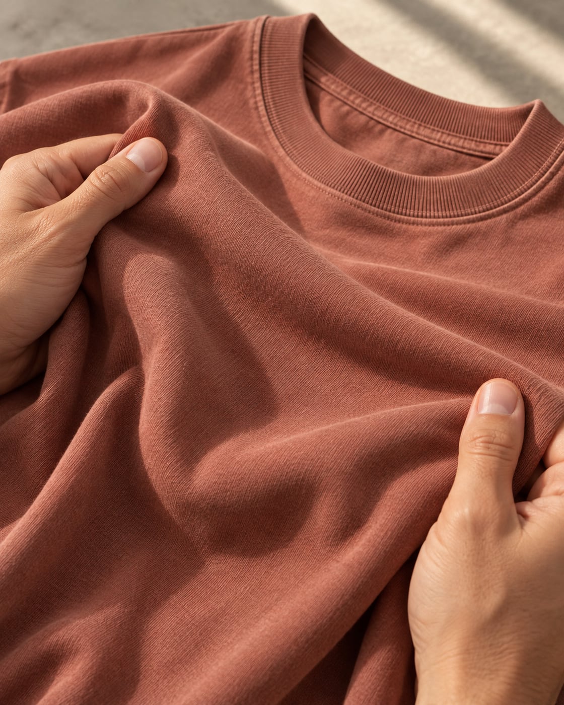 Mãos sobre camiseta terracota estonada em Malha Estonada
