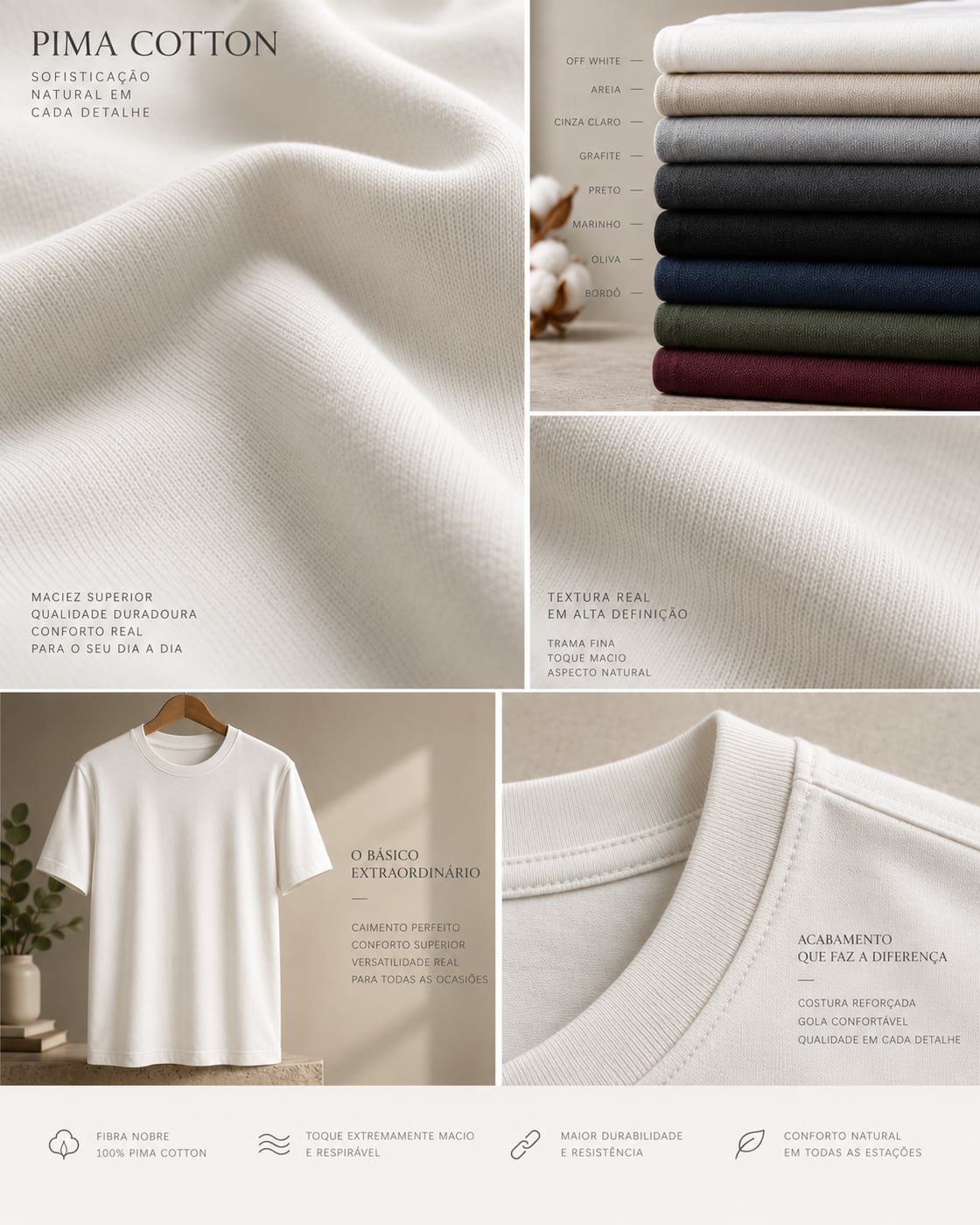 Quadro com camiseta branca, pilha de cores e detalhe de gola em Malha Pima Cotton