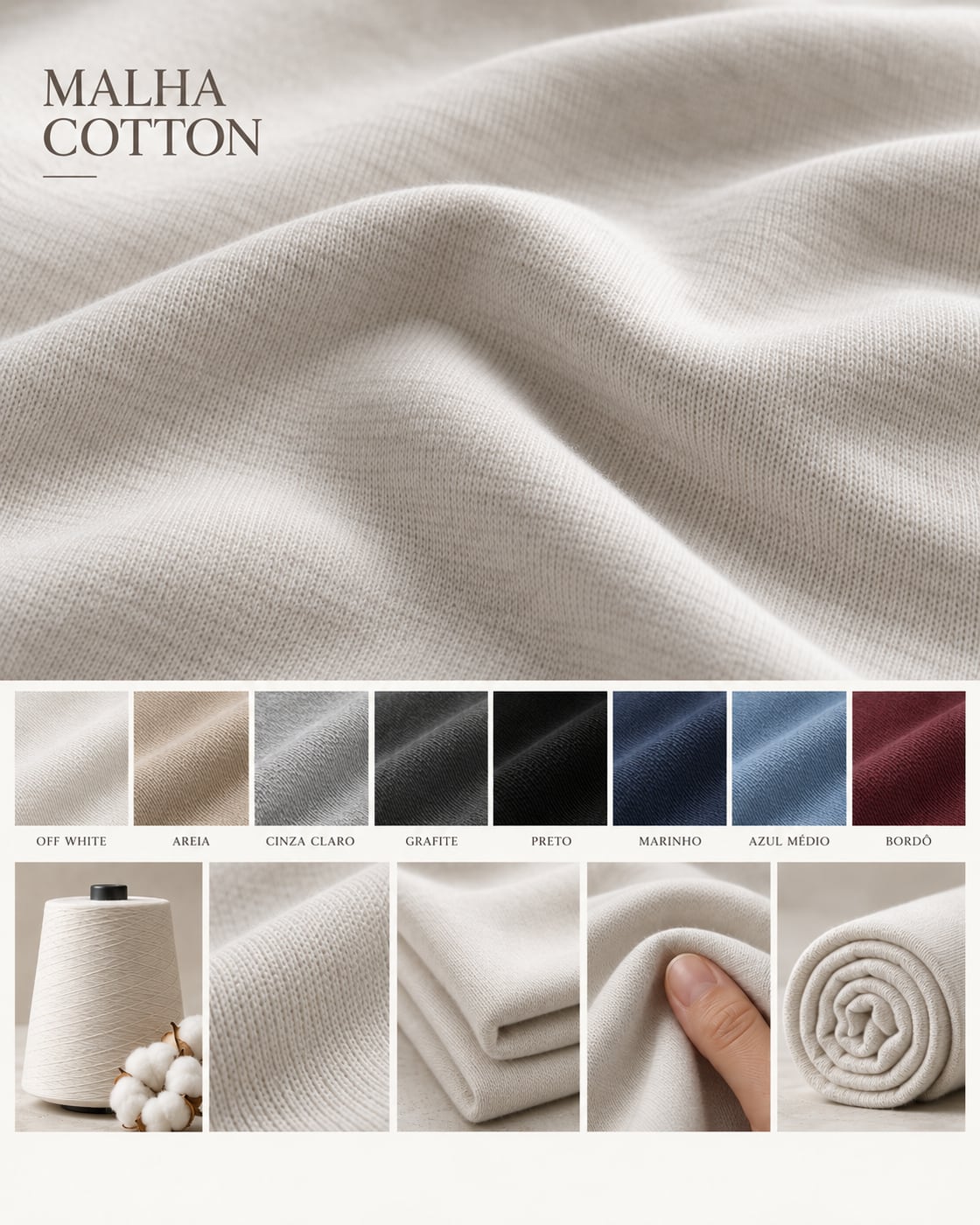 Quadro com macro, cartela e cone da Malha Cotton 40/1 Penteado