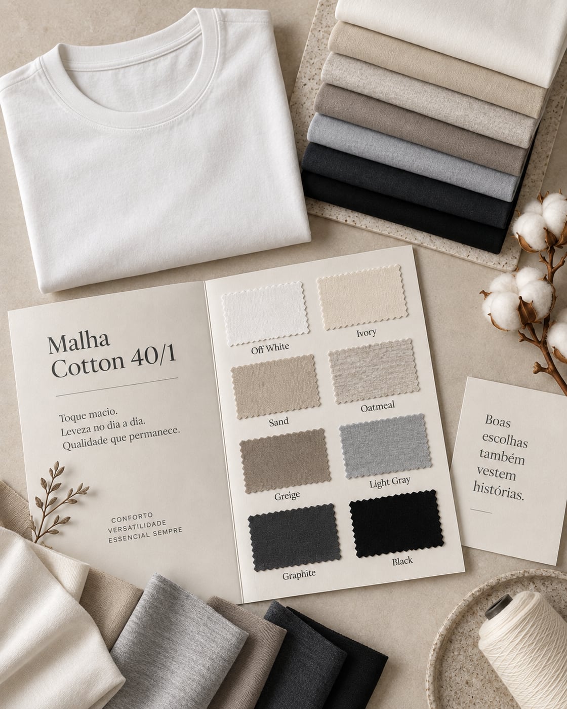 Camiseta branca dobrada com catálogo 'Malha Cotton 40/1'