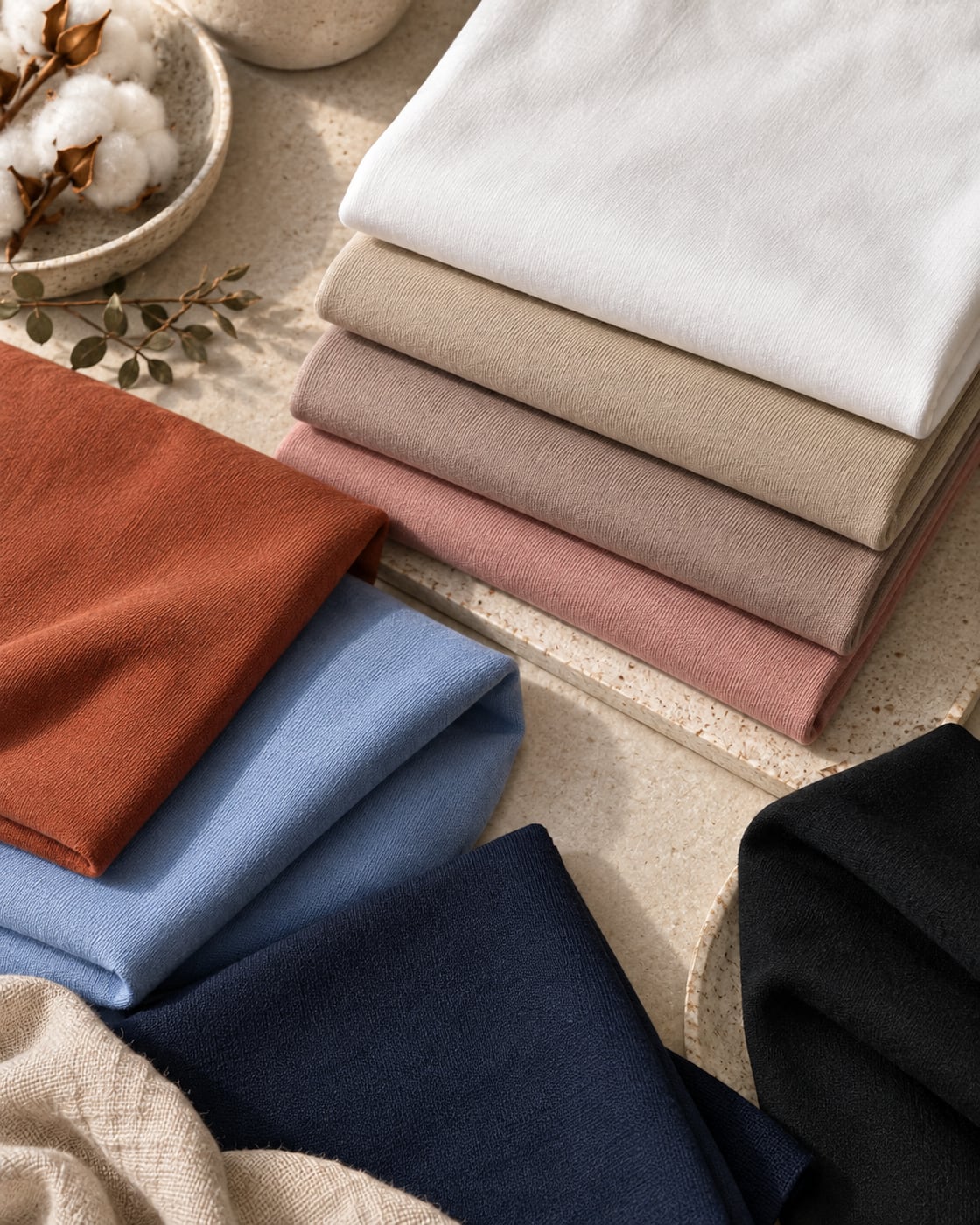 Malhas dobradas em várias cores da Malha Cotton 40/1 Penteado