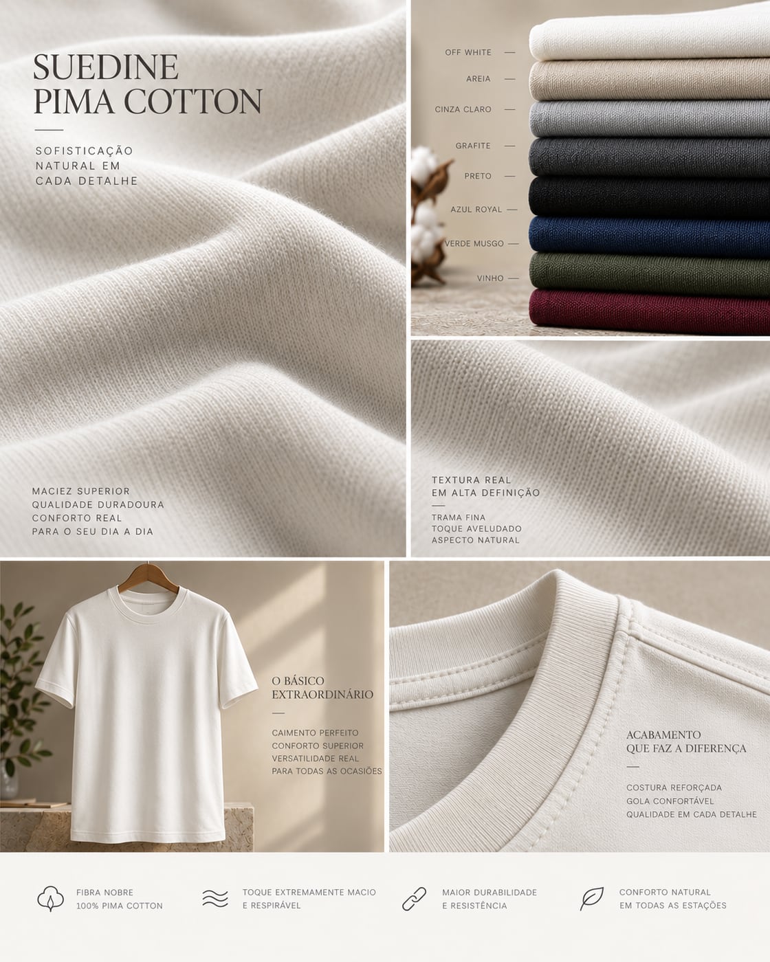 Quadro com camiseta branca, pilha de cores e gola em Malha Suedine Pima